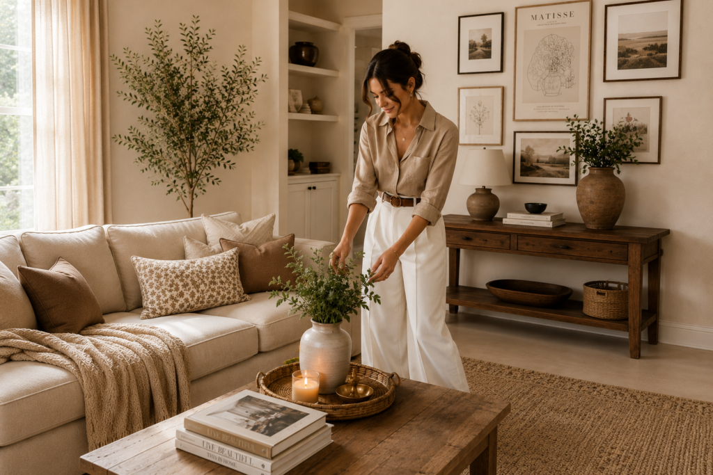 Stylish woman in a neutral beige outfit decorating a cozy modern living room with fresh greenery on a wooden coffee table. The space features warm earthy tones, soft textiles, elegant wall art, natural wood furniture, candles, and minimalist home decor, blending women’s fashion and interior design inspiration in a bright, inviting setting.