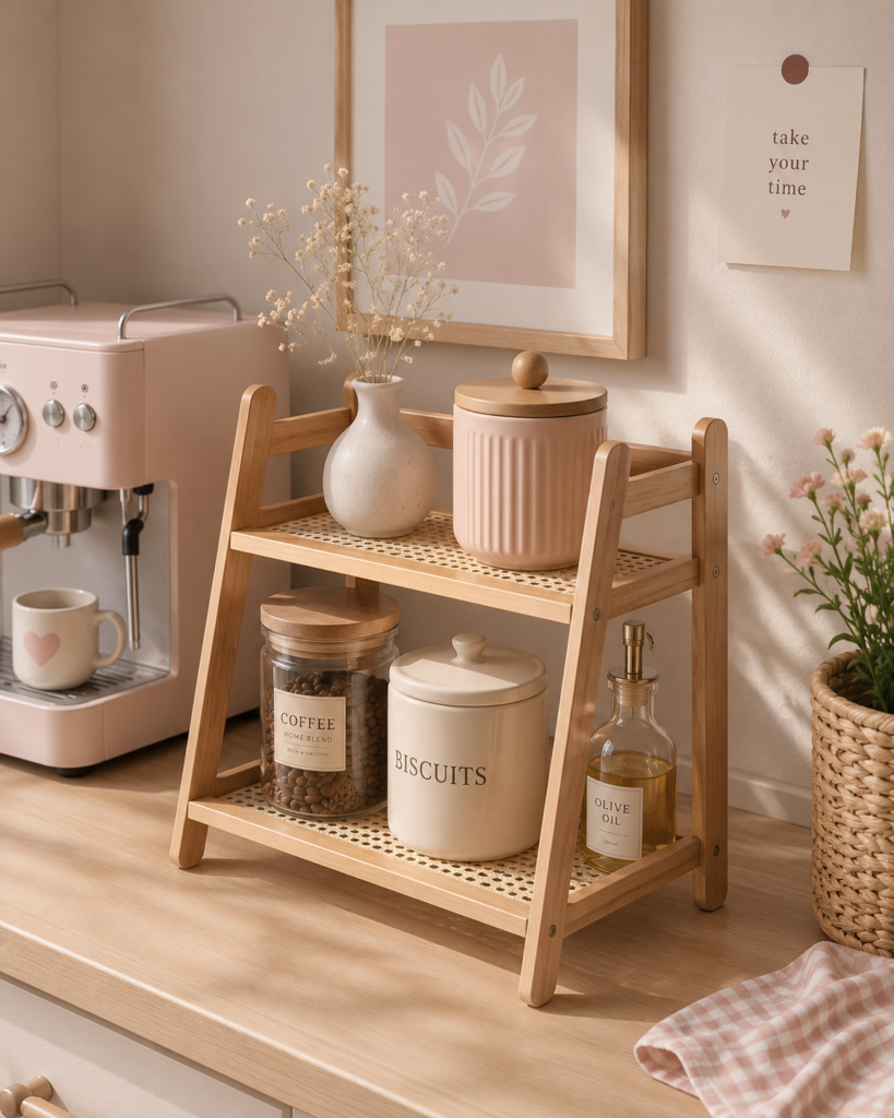 Bamboo two-tier kitchen countertop organizer with ceramic canisters and coffee station styling.