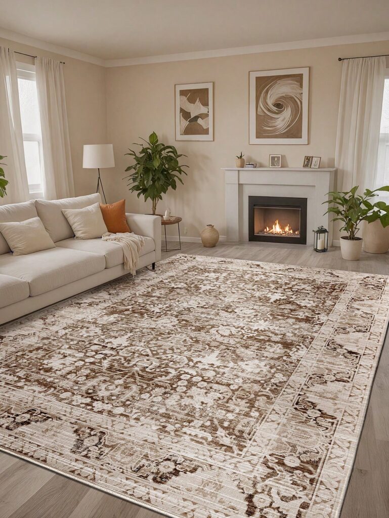 Beige and brown vintage-style area rug in cozy living room with fireplace