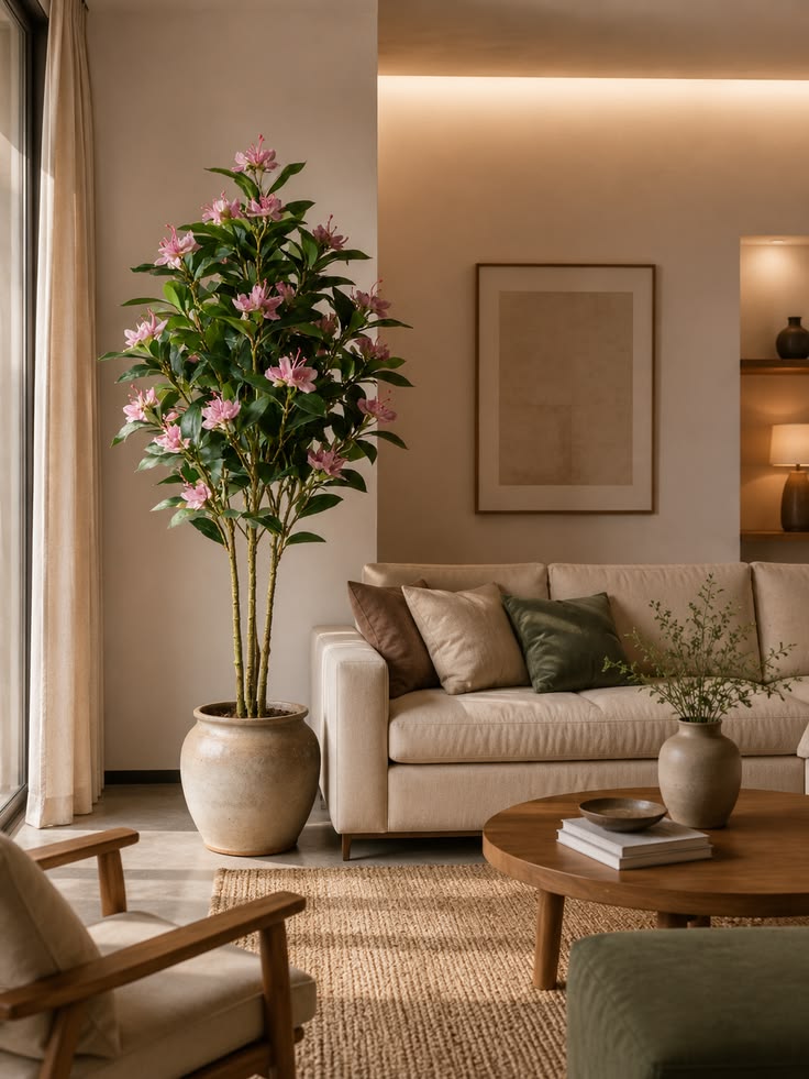 Tall faux flowering plant in ceramic pot beside cream sofa
