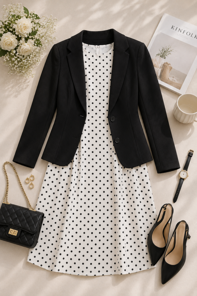 Flat lay of a black blazer layered over a white polka dot midi dress with a black quilted handbag, black slingback heels, gold jewelry, and elegant accessories on a neutral beige background, showcasing a timeless women's office attire idea.