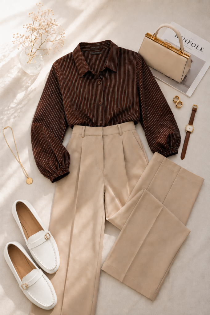 Flat lay of a women's shein business attire featuring a brown striped button-up blouse tucked into beige high-waisted wide-leg trousers, paired with white leather loafers, a structured beige handbag, gold jewelry, and a minimalist watch on a neutral background. Elegant office outfit inspiration for women with timeless workwear essentials.