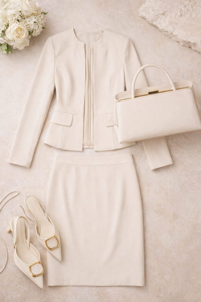 Women's cream office attire flat lay with tailored blazer, pencil skirt, nude heels, ivory handbag, and elegant accessories on a neutral background