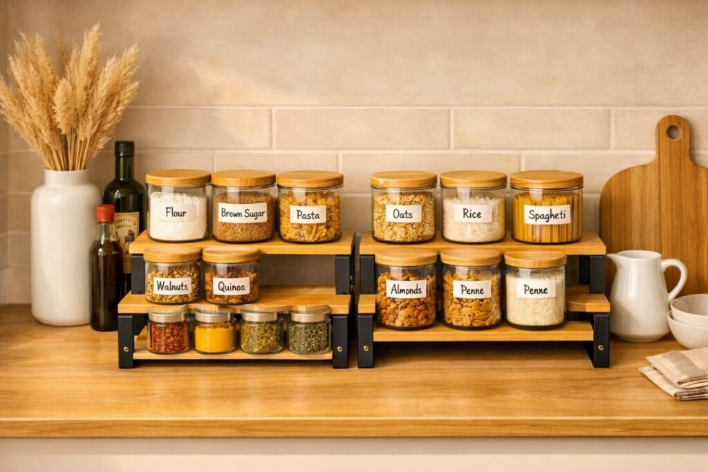 Wood and metal two-tier spice rack set on a kitchen countertop with labelled glass jars for flour, brown sugar, pasta, oats, rice, spaghetti, walnuts, quinoa, almonds, and penne.