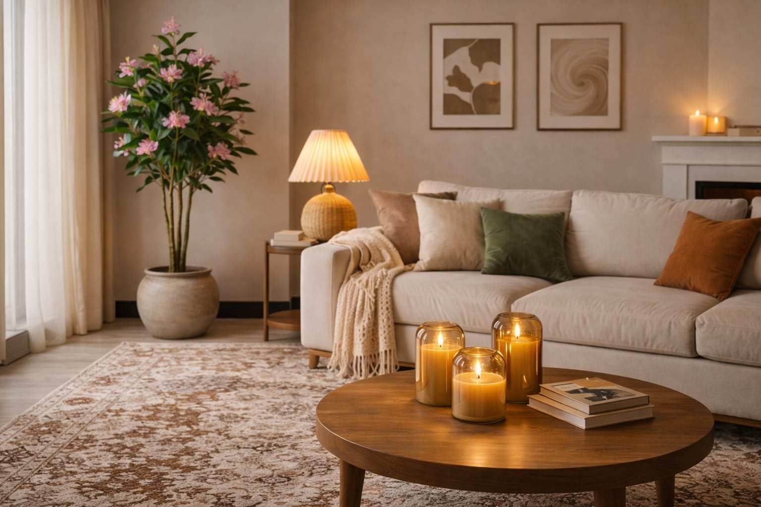 Cozy living room on a budget with warm lighting and soft textures