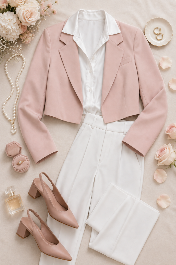 Elegant shein business attire flat lay featuring a blush pink cropped blazer, white satin button-up blouse, white tailored wide-leg trousers, nude pink slingback heels, pearls, fresh flowers, perfume, and gold jewelry on a soft neutral background for office chic and feminine workwear inspiration.