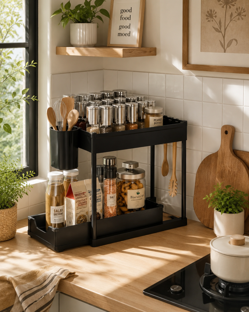 Black 2-tier sliding basket kitchen countertop organizer with spice bottles and pantry jars.