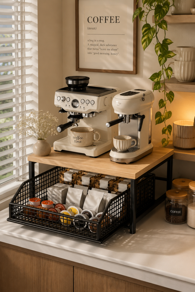 Wooden coffee station riser holding two cream espresso machines with mugs on top and a black wire basket filled with coffee pods and sachets underneath.