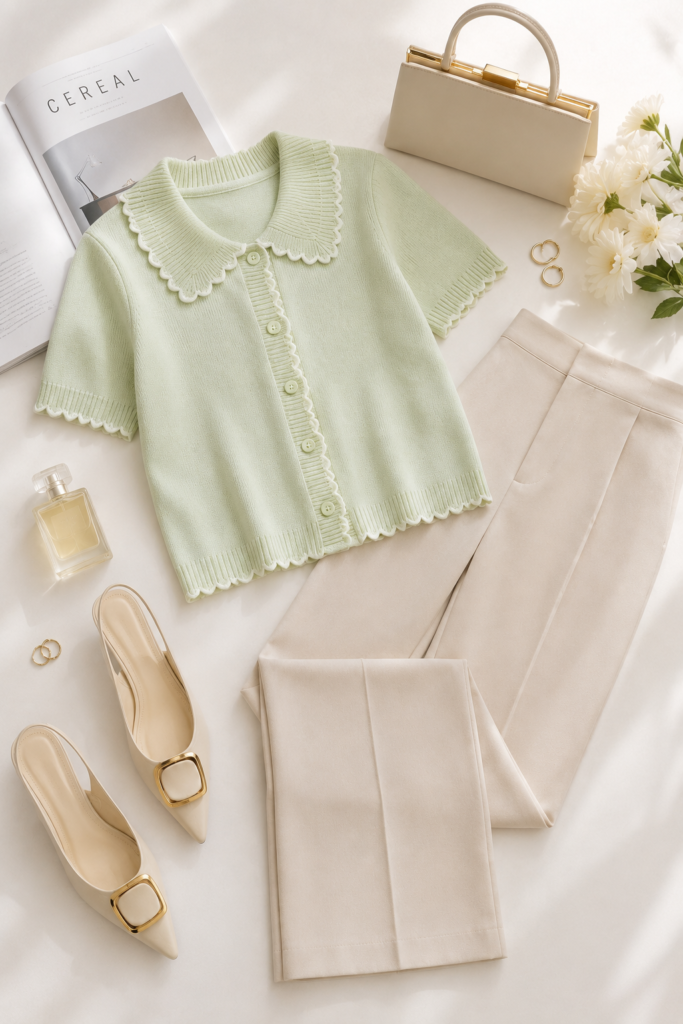 Pastel green scalloped collar knit cardigan paired with cream high-waisted wide-leg trousers, nude beige slingback heels, and a structured beige handbag in an elegant flat lay outfit on a white background with gold jewelry, perfume, flowers, and magazine, showcasing a chic business casual office outfit for women.