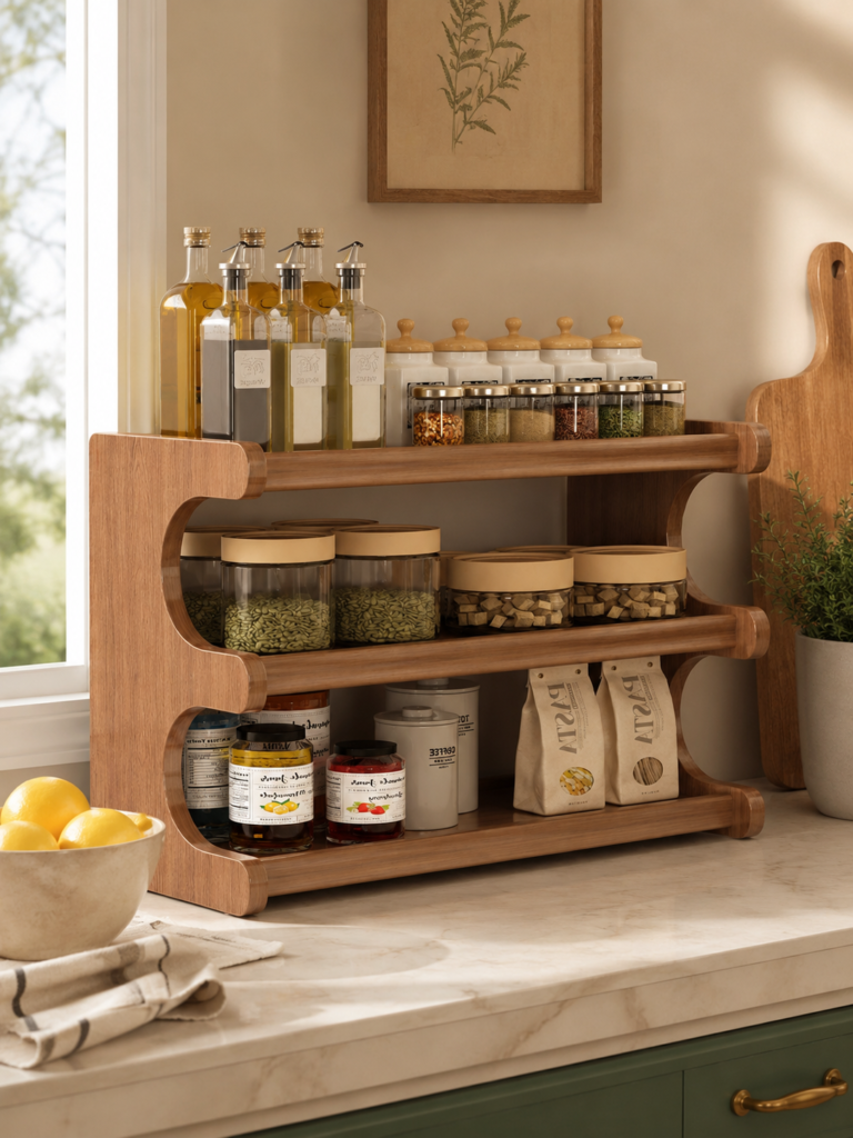 3-tier wooden kitchen countertop organizer for spices and pantry jars.